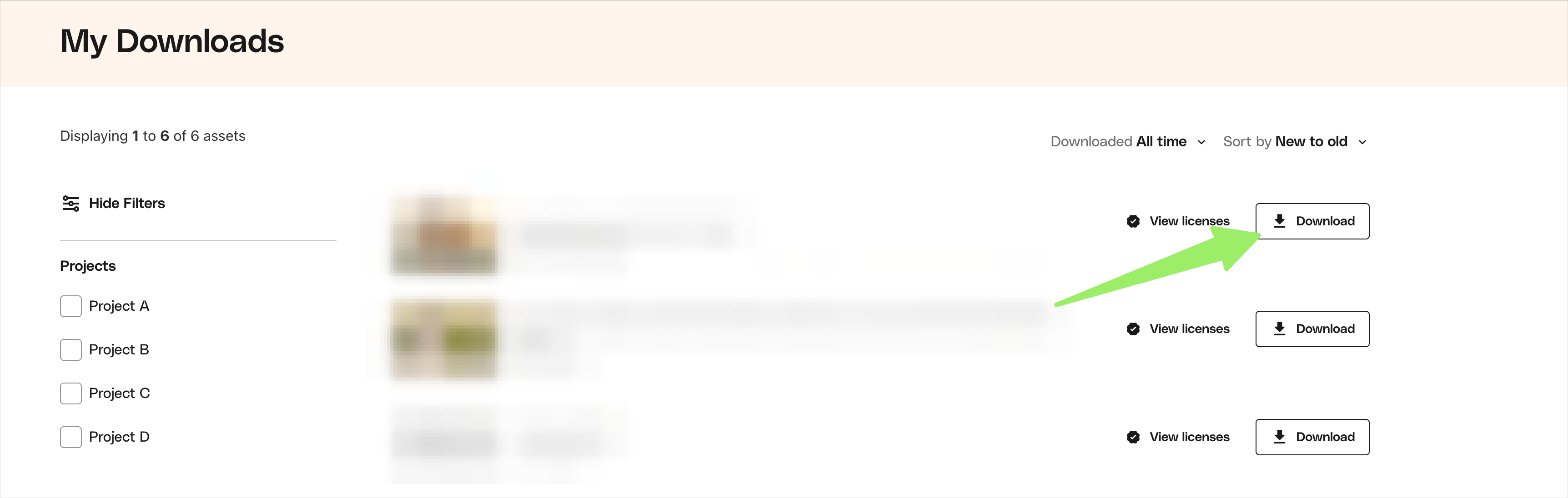 Screenshot of 'Download' button on an item card 